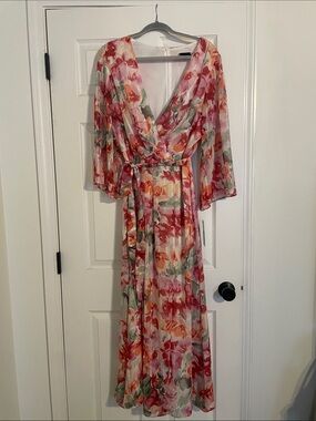 Maison Tara Floral Maxi Dress in Pink, Red, Green